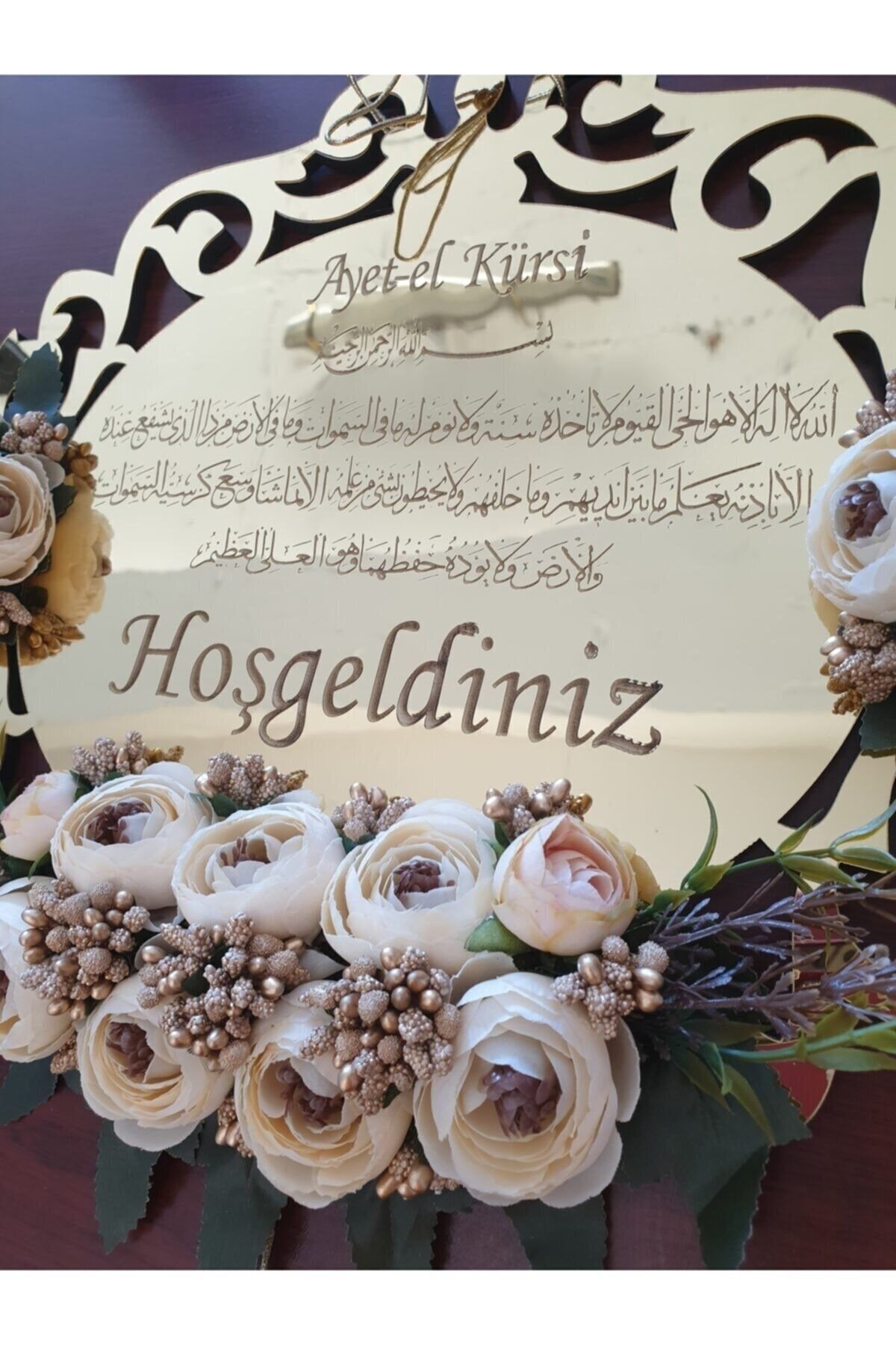 Aynalı Pleksi Çiçek Süslemeli Gold Kapı Süsü Duvar Aksesuarı Duvar Süsü