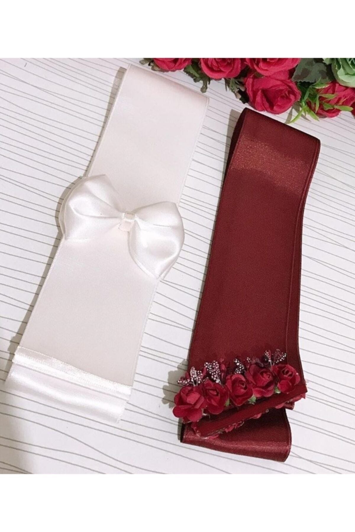 Lateks Süslü Gelin Ve Damat Için Saten Takılık Beyaz Bordo Nocolor-357Cfa14