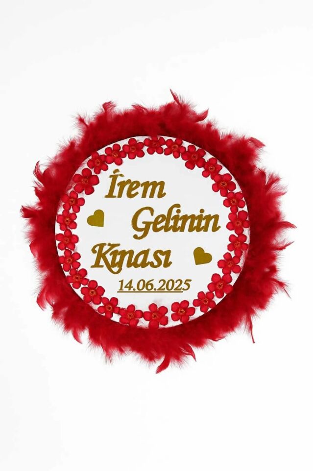 İsme ÖzelOtriş Süslü Pleksi Yazılı Aplikli Deri Tef Kına Gecesi Gelin Tefi 30cm Vurmalı Müzik Aleti Kırmızı