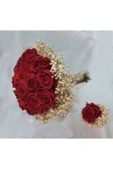 Kadın Kırmızı Gelin Buketi Doğal Cipso Çiçekli Kadife Gül