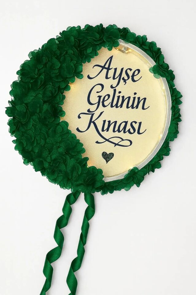 İsimli Ledli Şeffaf Gelin Tefi Lazer Çiçekli İncili Düğün Kına Nedime Bride Parti Defi Şeffaf Pvcli Zümrüt Yeşili