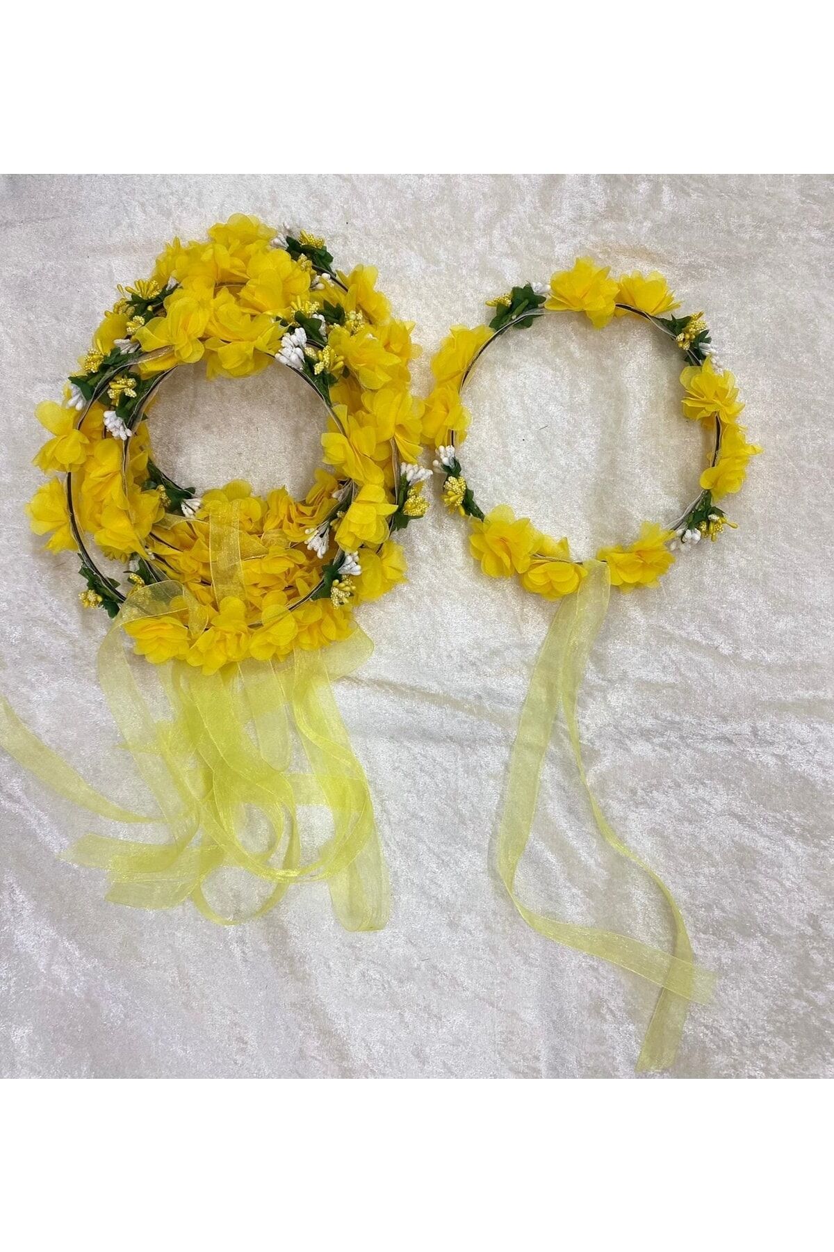 5li Yuvarlak Nedime Tacı Lazer Kesim Çiçekli Ve Yapay Cipsolu Kına Nedime Tacı Sarı