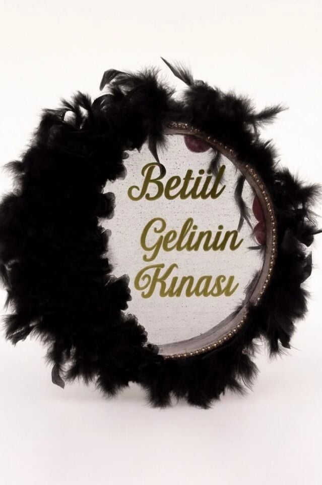İsme Özel Kına Gelin Tefi Deri Tef Vurmalı Çalgı Def Kına Defi Otrişli Şeffaf Pvcli Pleksi İsimli Siyah