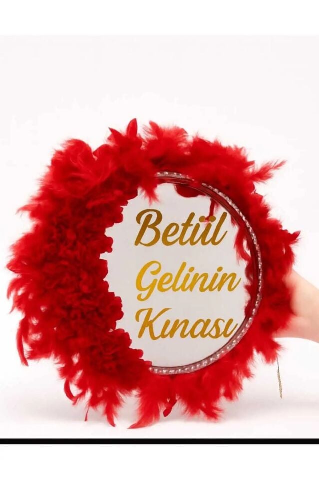 İsme Özel Kına Gelin Tefi Deri Tef Vurmalı Çalgı Def Kına Defi Otrişli Şeffaf Pvcli Pleksi İsimli Kırmızı