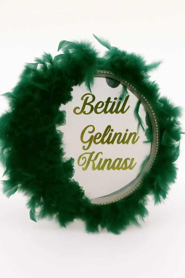 İsme Özel Kına Gelin Tefi Deri Tef Vurmalı Çalgı Def Kına Defi Otrişli Şeffaf Pvcli Pleksi İsimli Zümrüt Yeşili