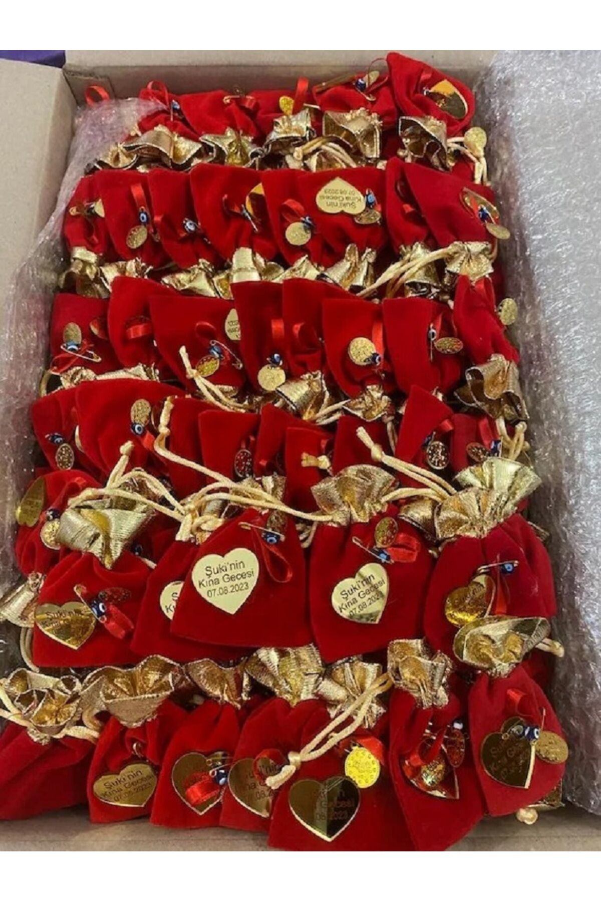 50'li Kırmızı Süet Ipli Çeyrek Payet Süslemeli Kese Hediyelik Kına İsme Özel