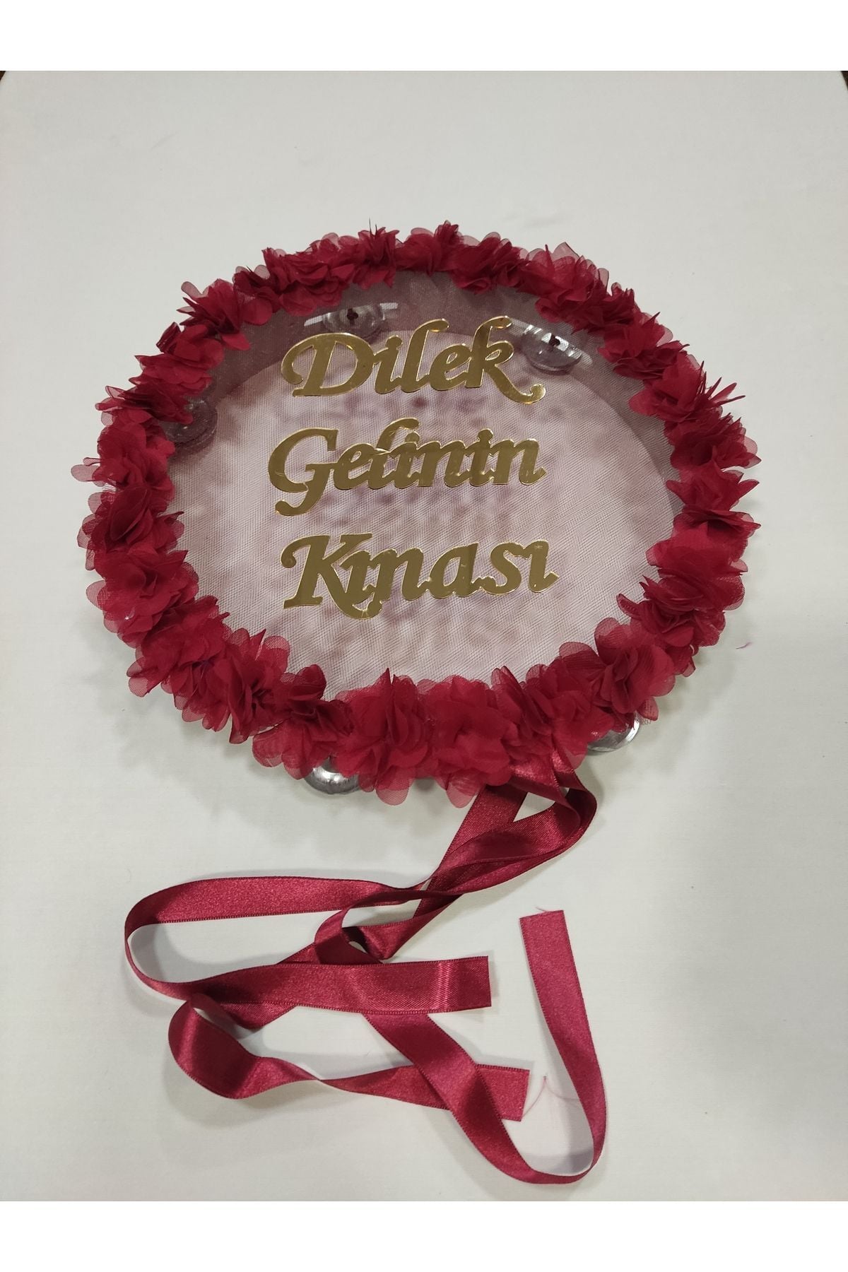 İsme Özel Lazer Güllü Pleksi Süslü Deri Tef Kına Gecesi Gelin Tefi 30 cm Vurmalı Çalgı Müzik Aleti Bordo