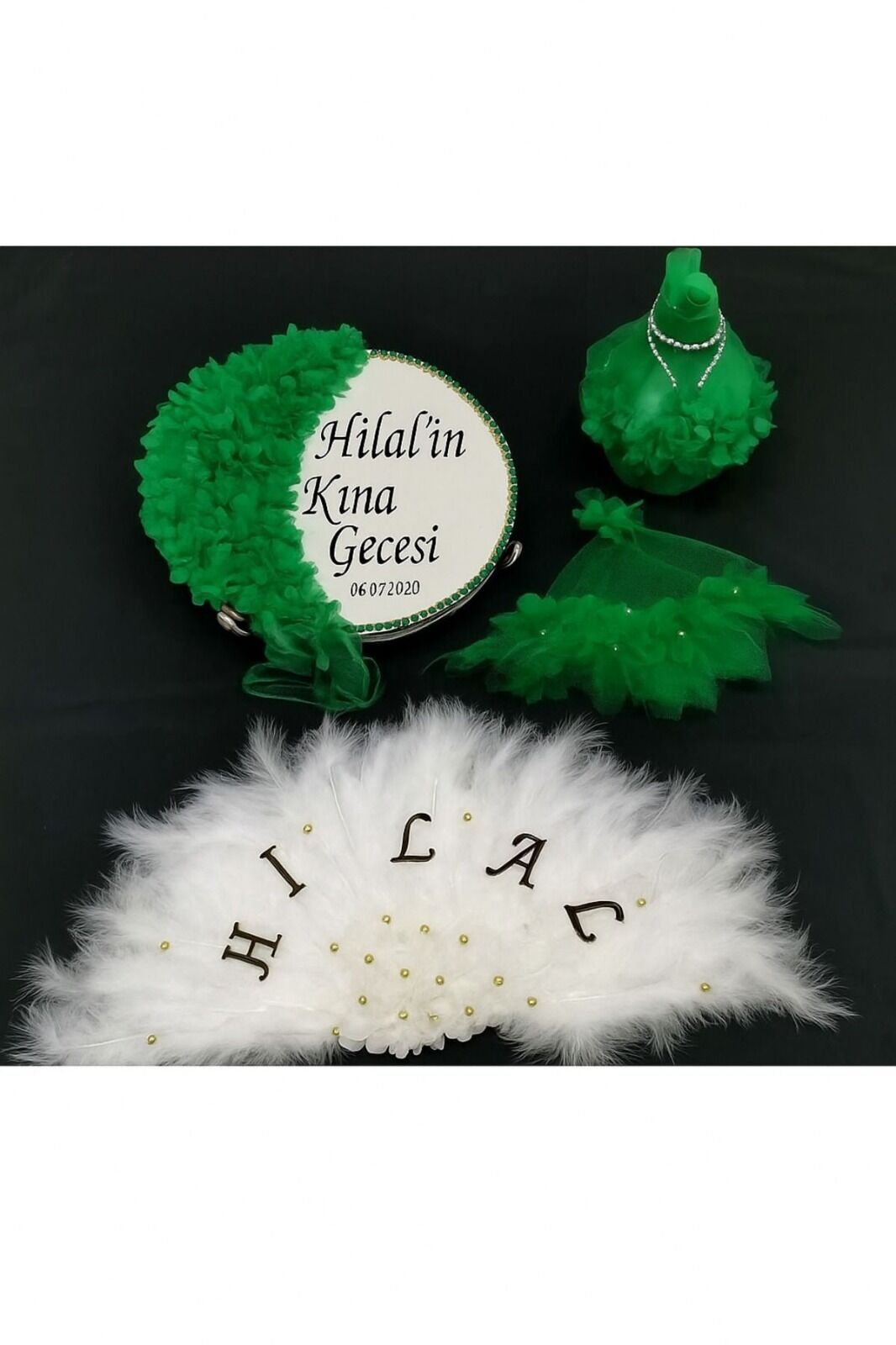 İsme Özel Kına Yelpazesi, Gelin Tefi Seti Otrişli Tef, Yelpaze, Testi, Halay Mendili, Vurmalı Çalgı