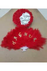 Isme Özel Kına Yelpazesi Ve Gelin Tefi Seti Otrişli Deri Tef Vurmalı Çalgı Def Kırmızı 30cm