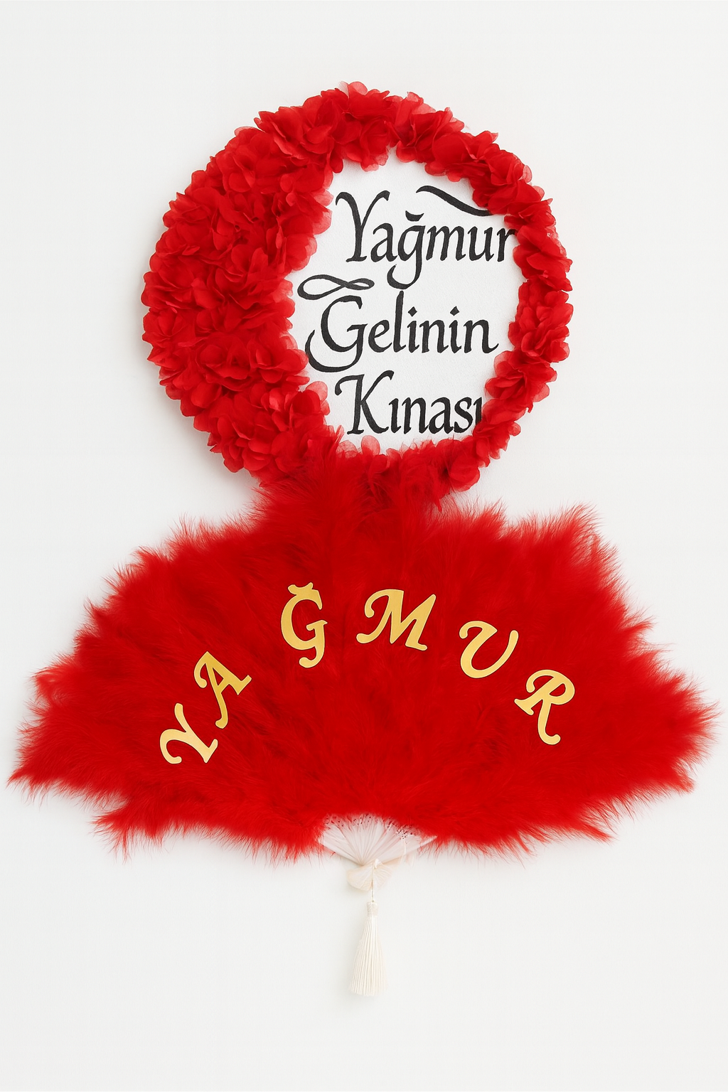 Isme Özel Kına Yelpazesi Ve Gelin Tefi Seti Otrişli Deri Tef Vurmalı Çalgı Def Kırmızı 30cm