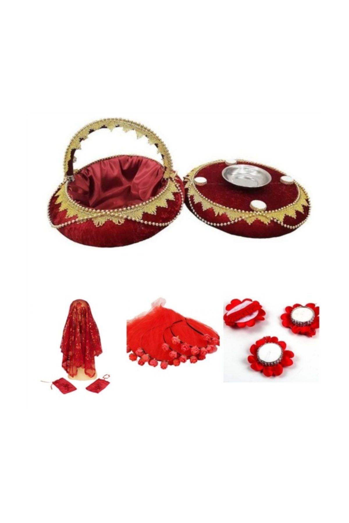 27 Parça Mini Kına Seti Sepet Tepsi Mumlu El Gülü Ve Yüz Örtüsü