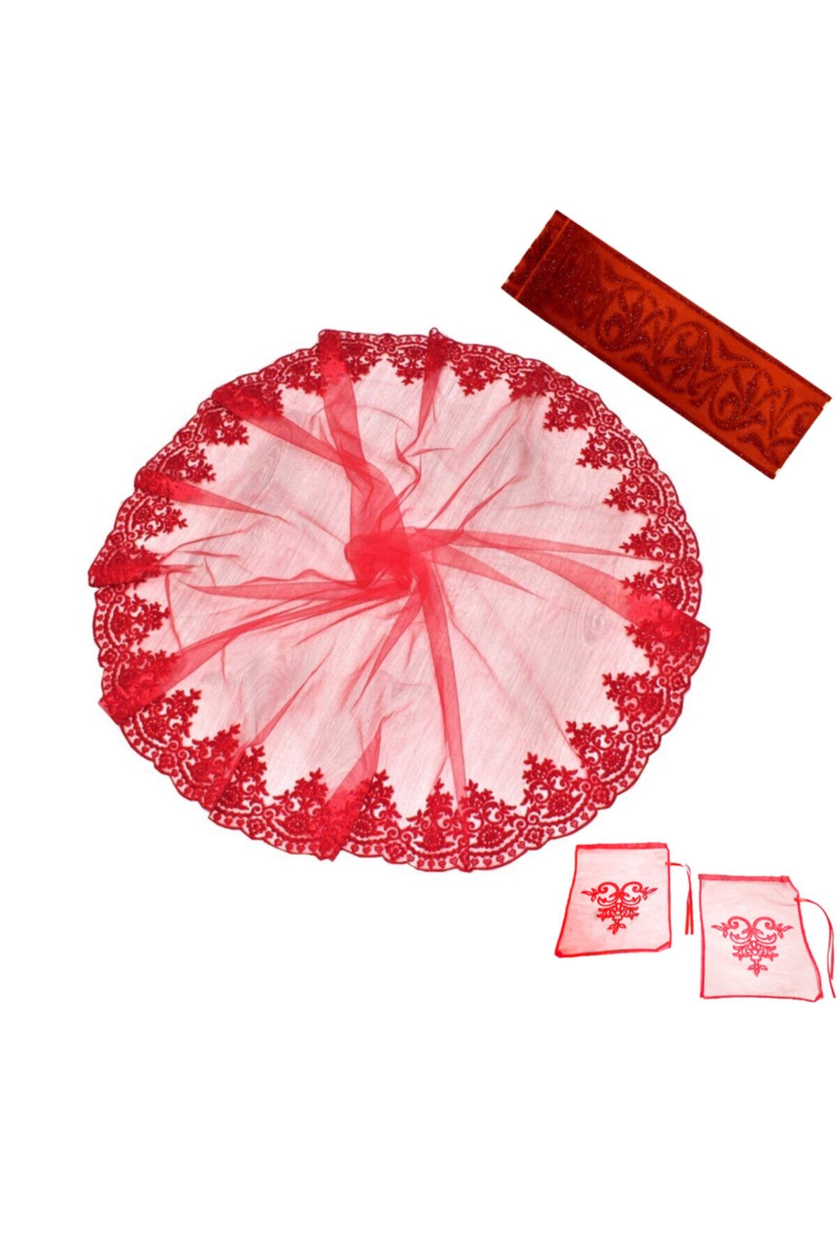 Kadife Simli Eldiven Ve Kemerli Duvak Kırmızı Gelin Yüz Örtüsü 4prç