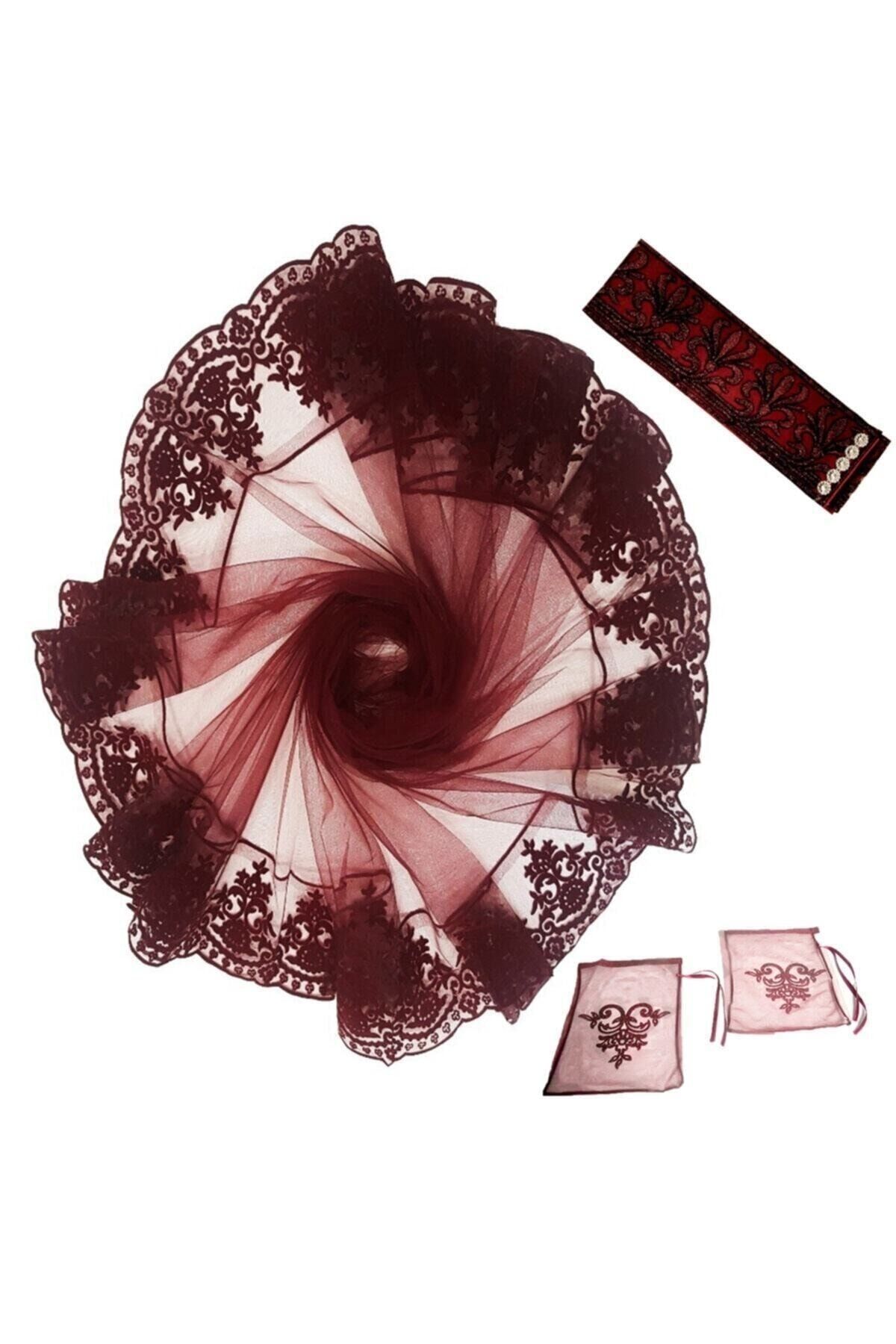 Kadife Simli Eldiven Ve Kemerli Duvak Bordo Gelin Yüz Örtüsü 4prç