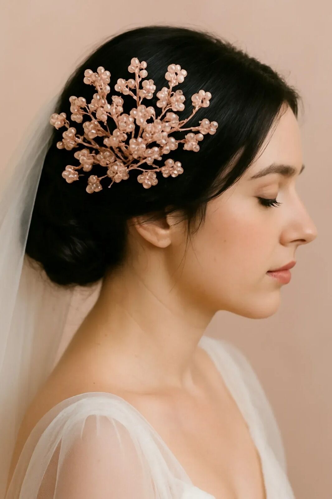 Taraklı Gelin Tacı Düğün Nikah Nişan Kına Aksesuarı İncili Taşlı Model Saç Aksesuarı Pudra