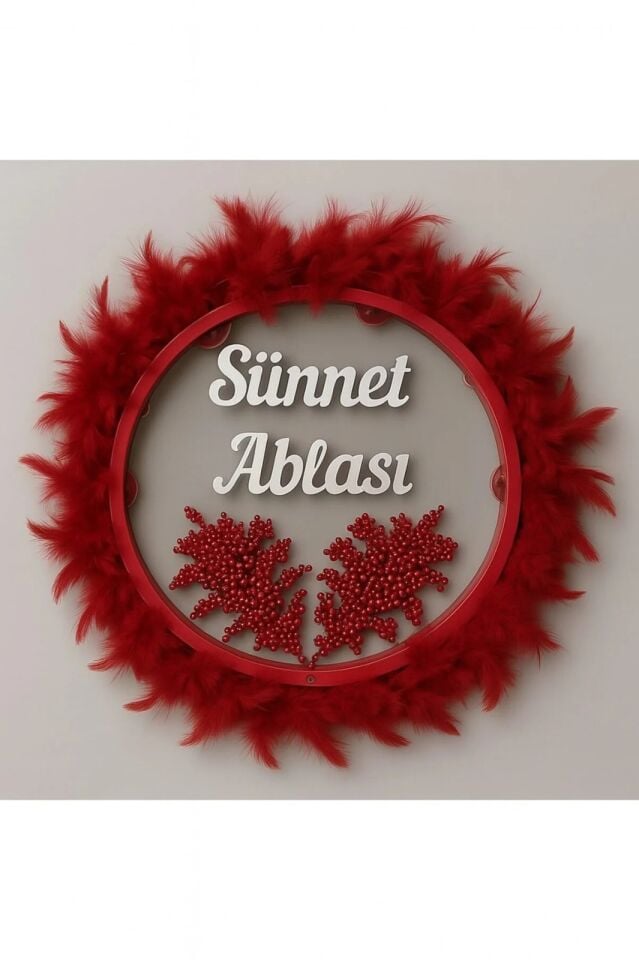Tüylerle Süslenmiş Sünnet Tefi Vurmalı Çalgı Def Müzik Aleti Sünnet Ablası Tefi Sünnet Kınası Tefi Bordo