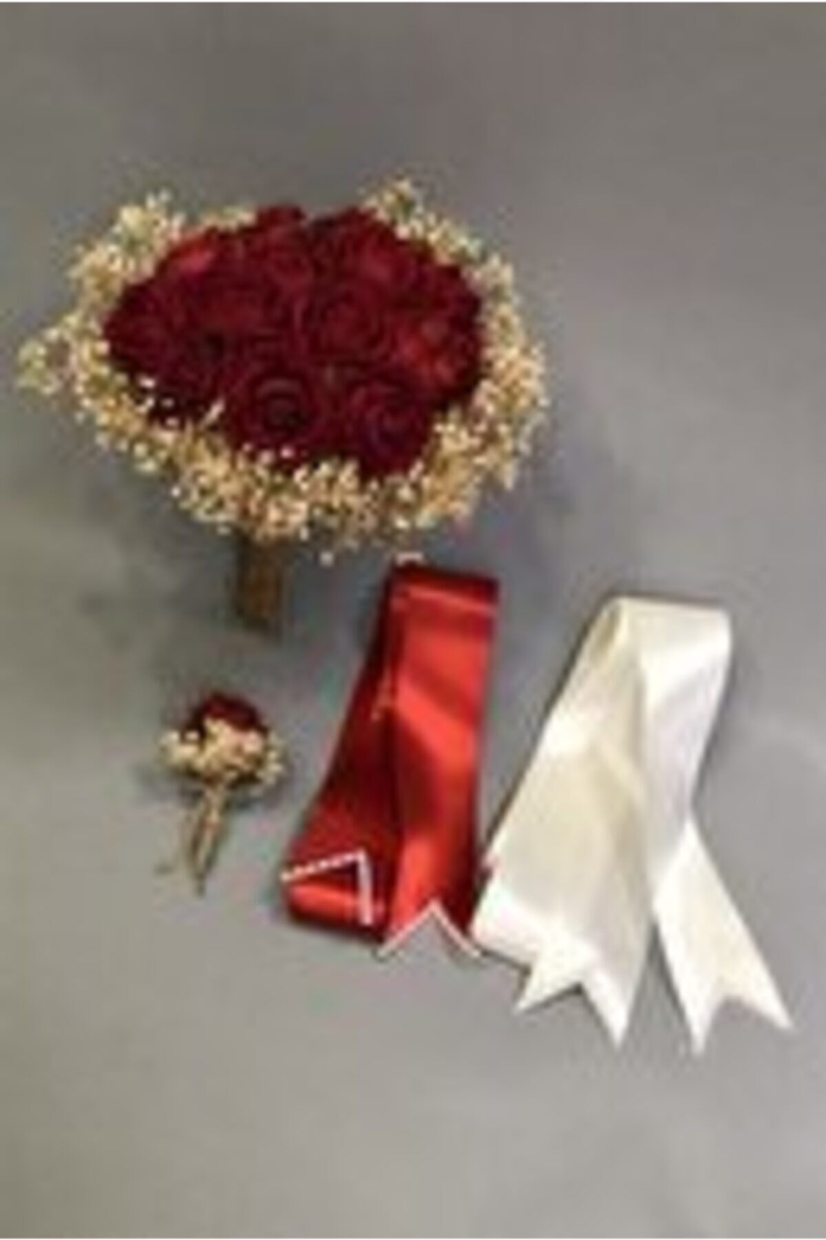 Kırmızı Kadife Güllü Gelin Çiçeği Ve Takı Kurdelesi