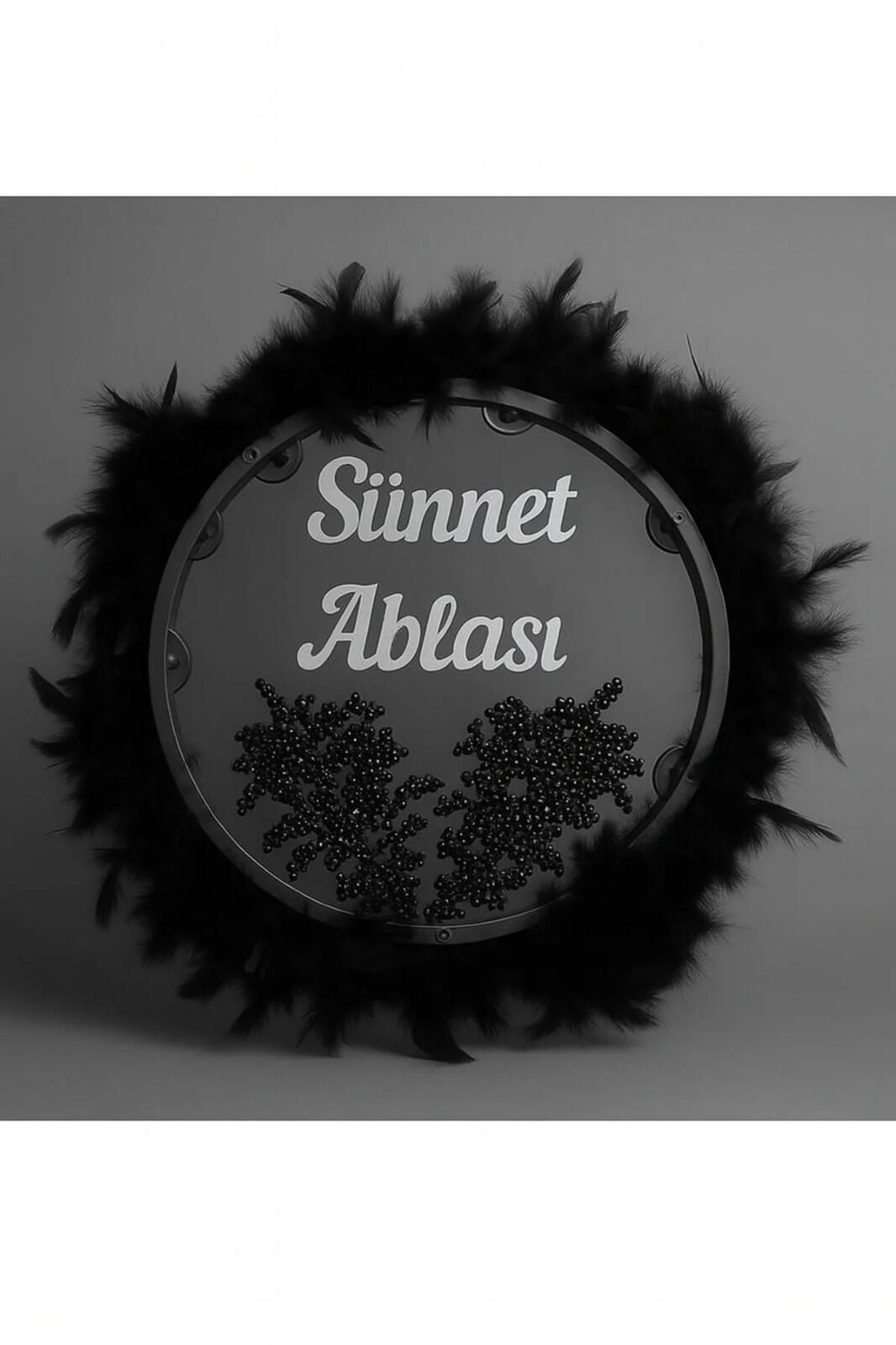 Tüylerle Süslenmiş Sünnet Tefi Vurmalı Çalgı Def Müzik Aleti Sünnet Ablası Tefi Sünnet Kınası Tefi Siyah