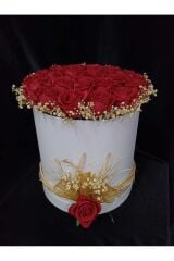 Silindir Kutuda Gerçek Görünümlü Yapay Kadife Gül Kız Isteme Buketi  Düğün Nişan