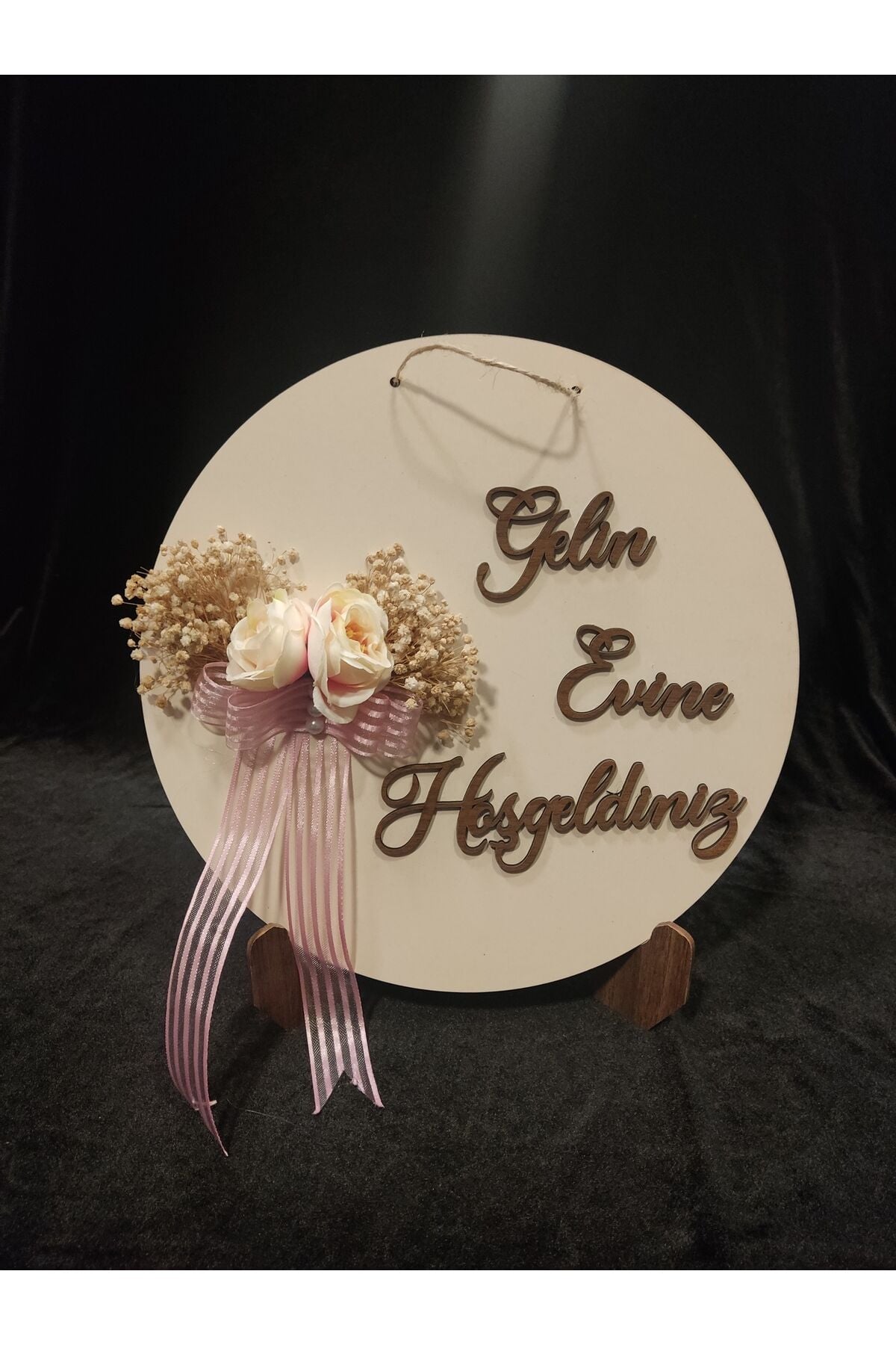 Gelin veya Damat Evine Hoşgeldiniz Kapı Süsü Duvar Süsü Masa Dekoru 28 cm Çapında Pembe