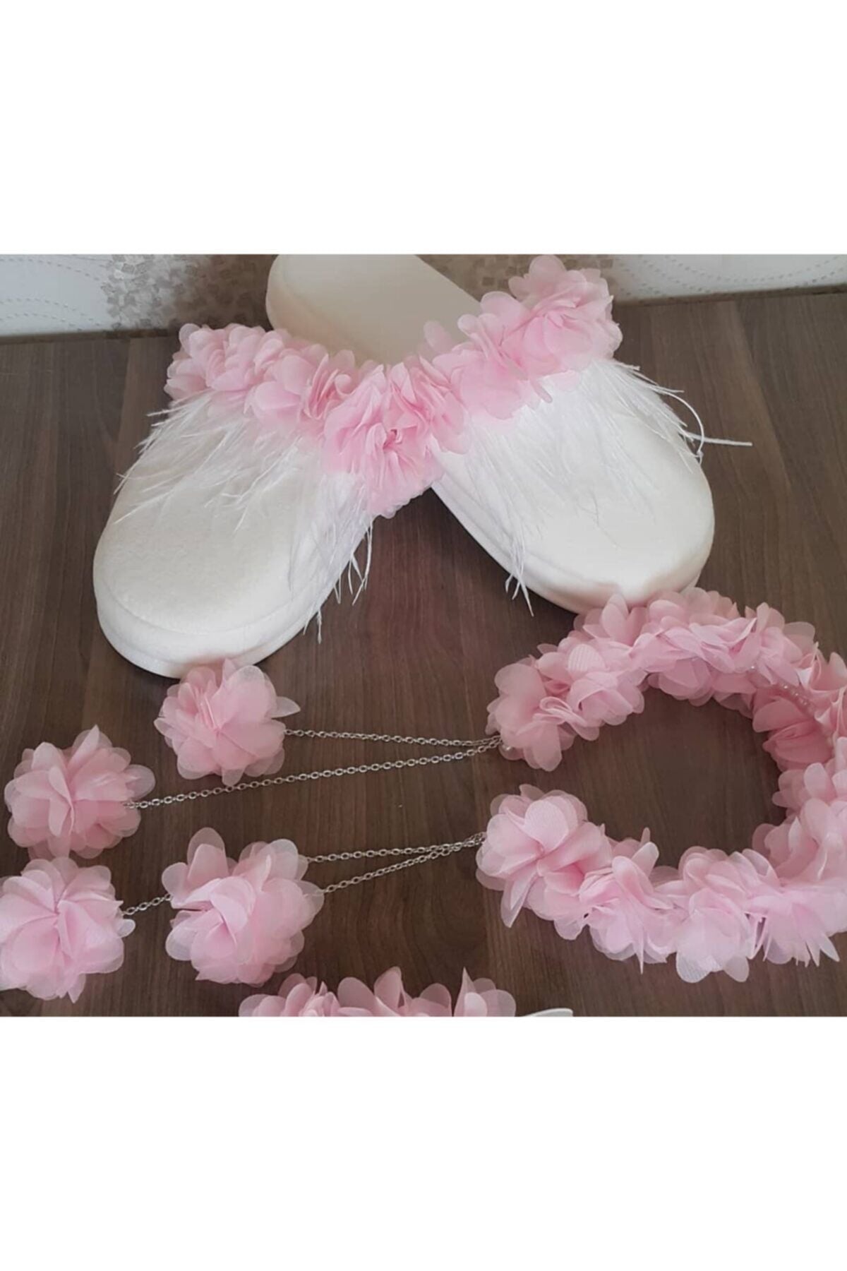 Sarkan Küpeli Lohusa Tacı Ve Lohusa Terlik Seti Pembe