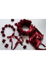 Yuvarlak Nedime Tacı Lazer Kesim Çiçekli Kına Nedime Tacı Bordo 10'lu