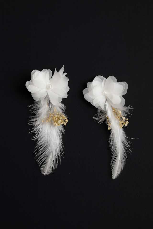 Kadın Ekru Gelin Küpesi Lazer Gül Ve Kuru Çiçekli Gelin Küpesi