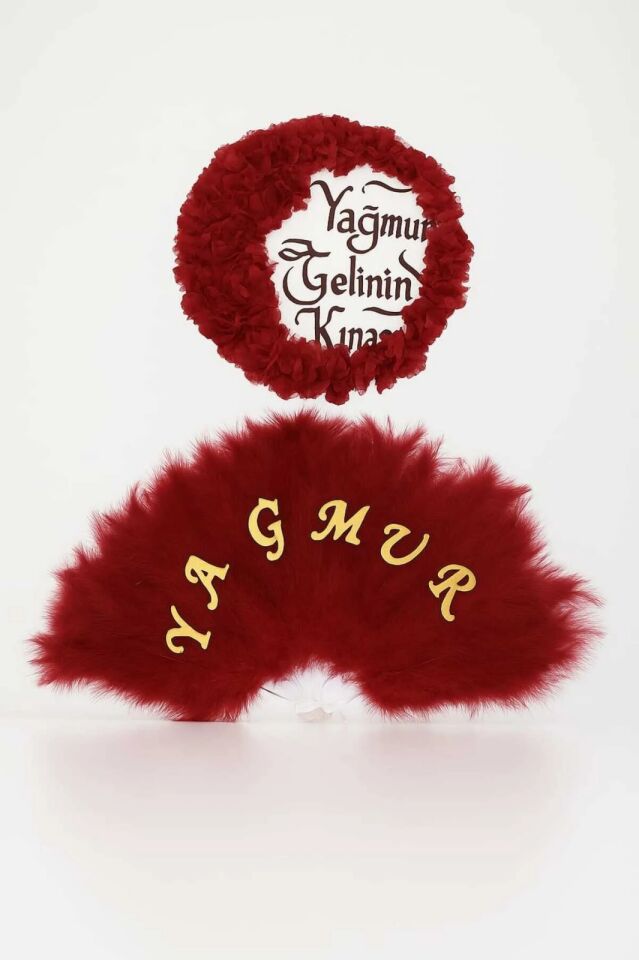 İsme Özel Kına Yelpazesi Ve Gelin Tefi Seti Otrişli Deri Tef Vurmalı Çalgı Def 30cm Bordo