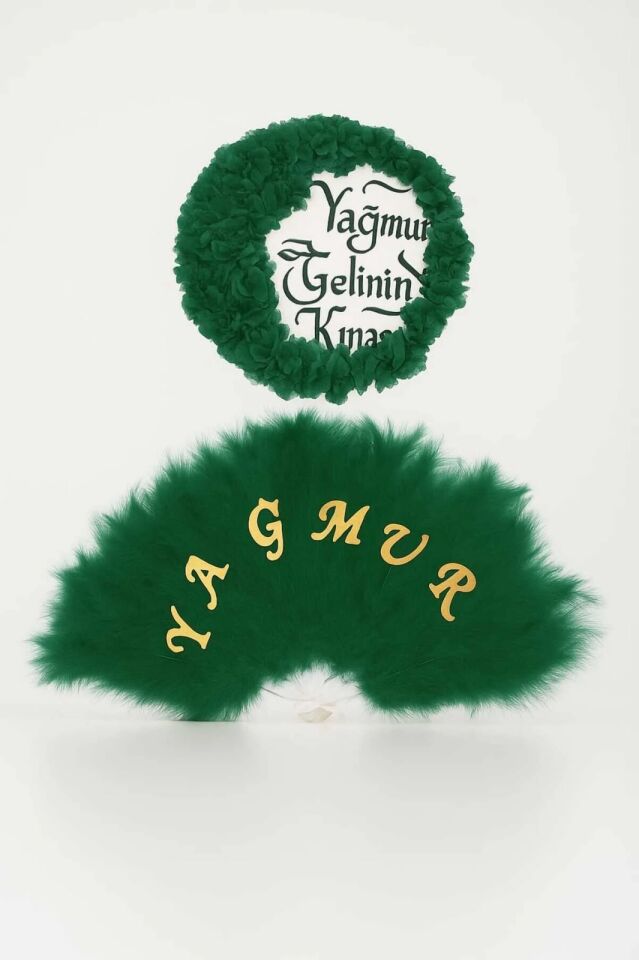 İsme Özel Kına Yelpazesi Ve Gelin Tefi Seti Otrişli Deri Tef Vurmalı Çalgı Def 30cm Zümrüt Yeşi̇li̇