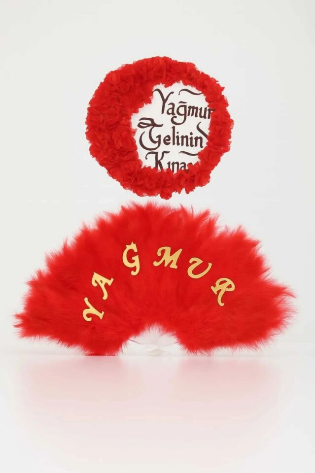 İsme Özel Kına Yelpazesi Ve Gelin Tefi Seti Otrişli Deri Tef Vurmalı Çalgı Def 30cm Kırmızı