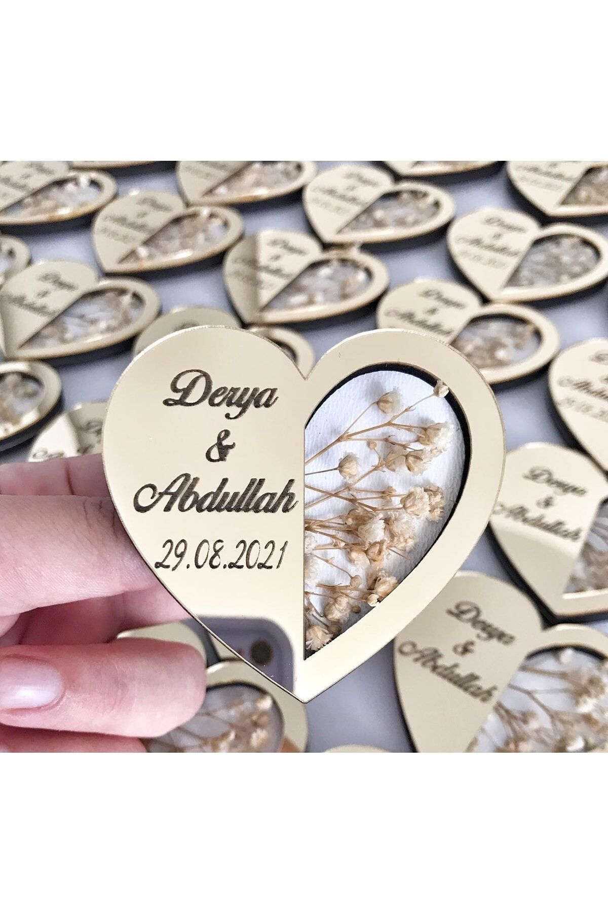Söz Nişan Nikah Hatırası Süslü Kalpli Pleksili Ahşap Magnet 15 Adet