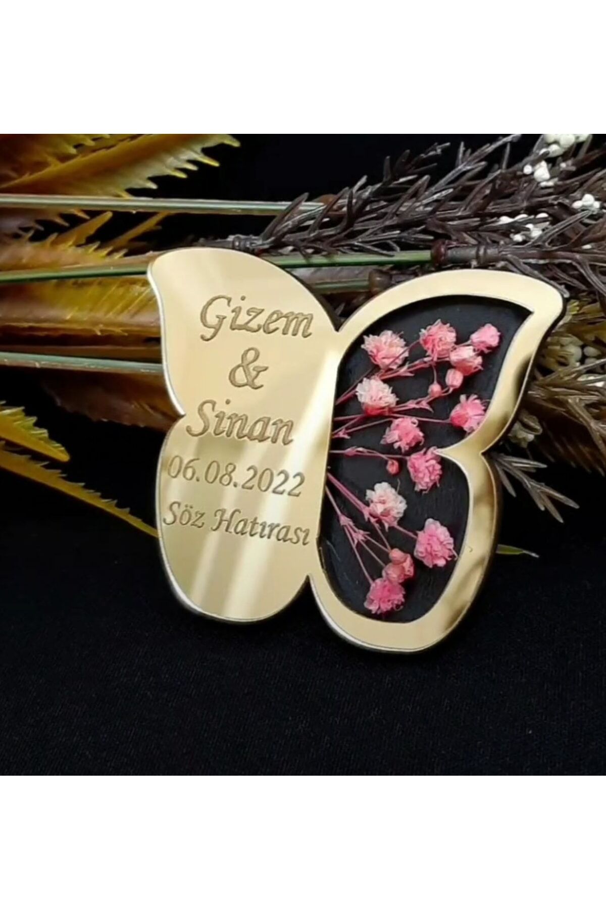 Söz Nişan Nikah Hatırası Süslü Kelebekli Model Pleksili Ahşap Magnet 15 Adet