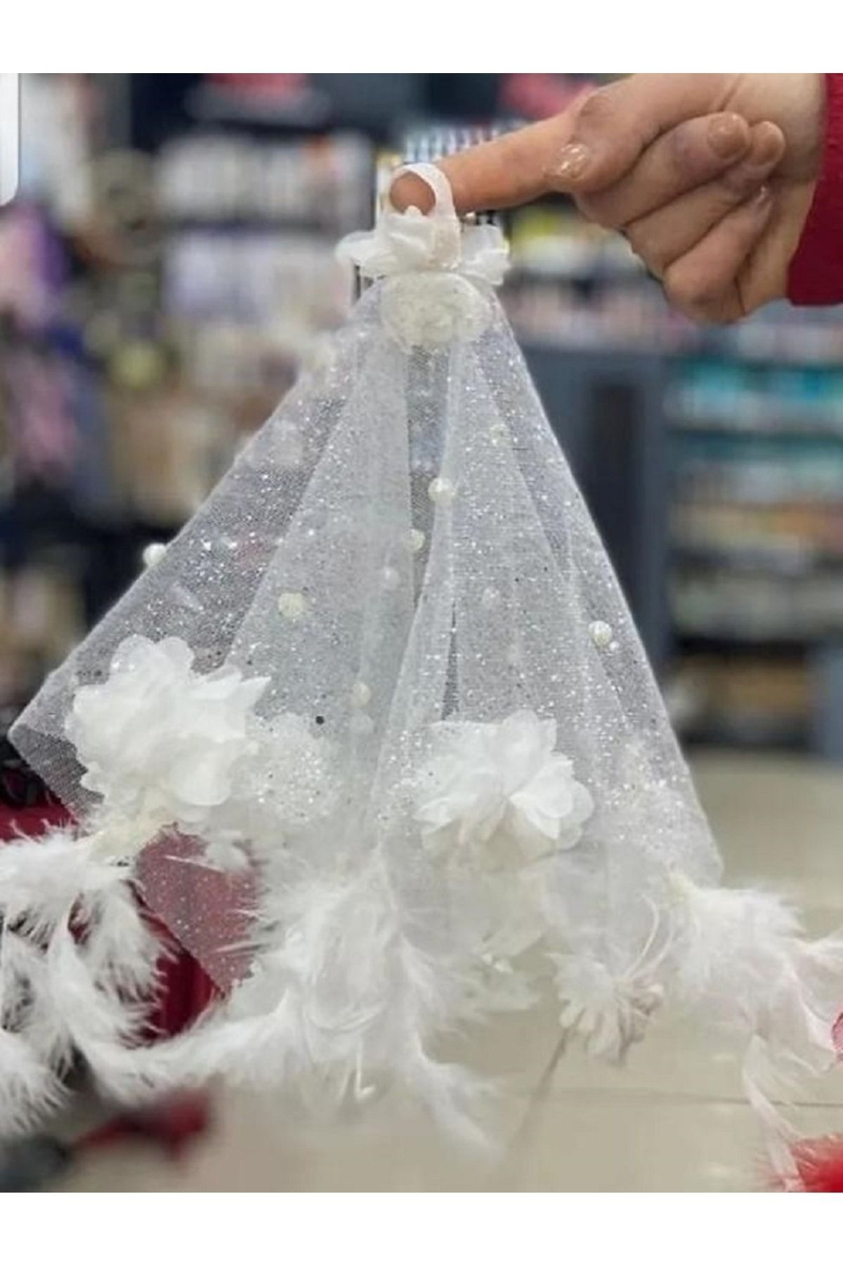 Gelin Veya Damat Tüylü Güllü Incili Lüx Halay Mendili Beyaz