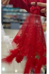 Gelin Veya Damat Tüylü Güllü Incili Lüx Halay Mendili Kırmızı