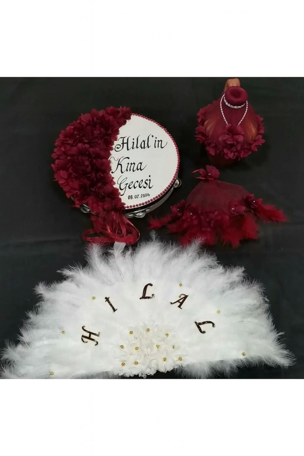 İsme Özel Kına Yelpazesi, Gelin Tefi Seti Otrişli Tef, Yelpaze, Testi, Halay Mendili, Vurmalı Çalgı