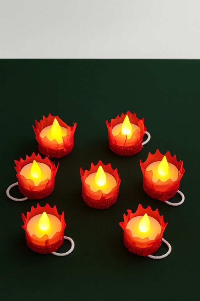 Kırmızı Ledli Kına El Mumu, Sünnet, Led Işıklı, Tealight Mum Pilli Düğün Nedime Bride Kına Mumu 7 Adet