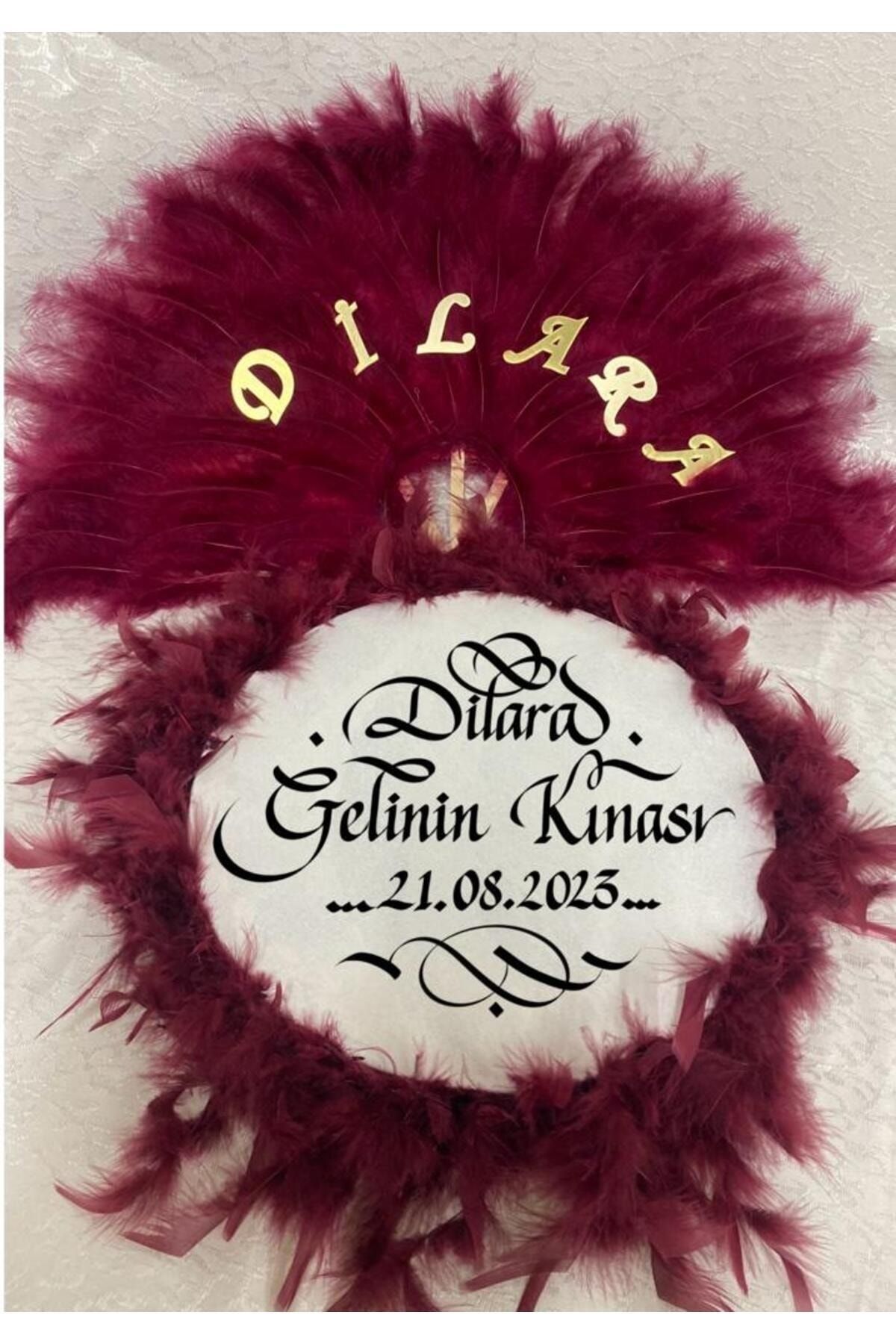 Isme Özel Kına Yelpazesi Ve Gelin Tefi Seti Otrişli Deri Tef Vurmalı Çalgı Def Bordo