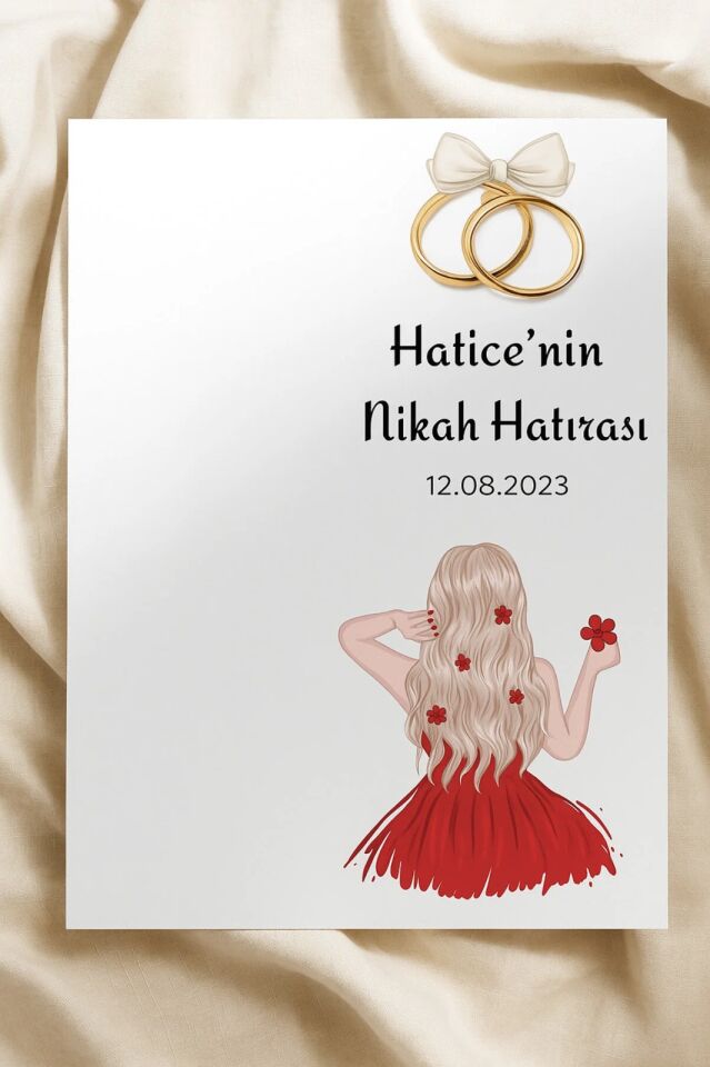 İsme Özel Kına Hatırası Kırmızı Gelin Resimli Anahtarlık Kartı 9,5x15 Cm 9 Adet Ni̇kah Hatirasi