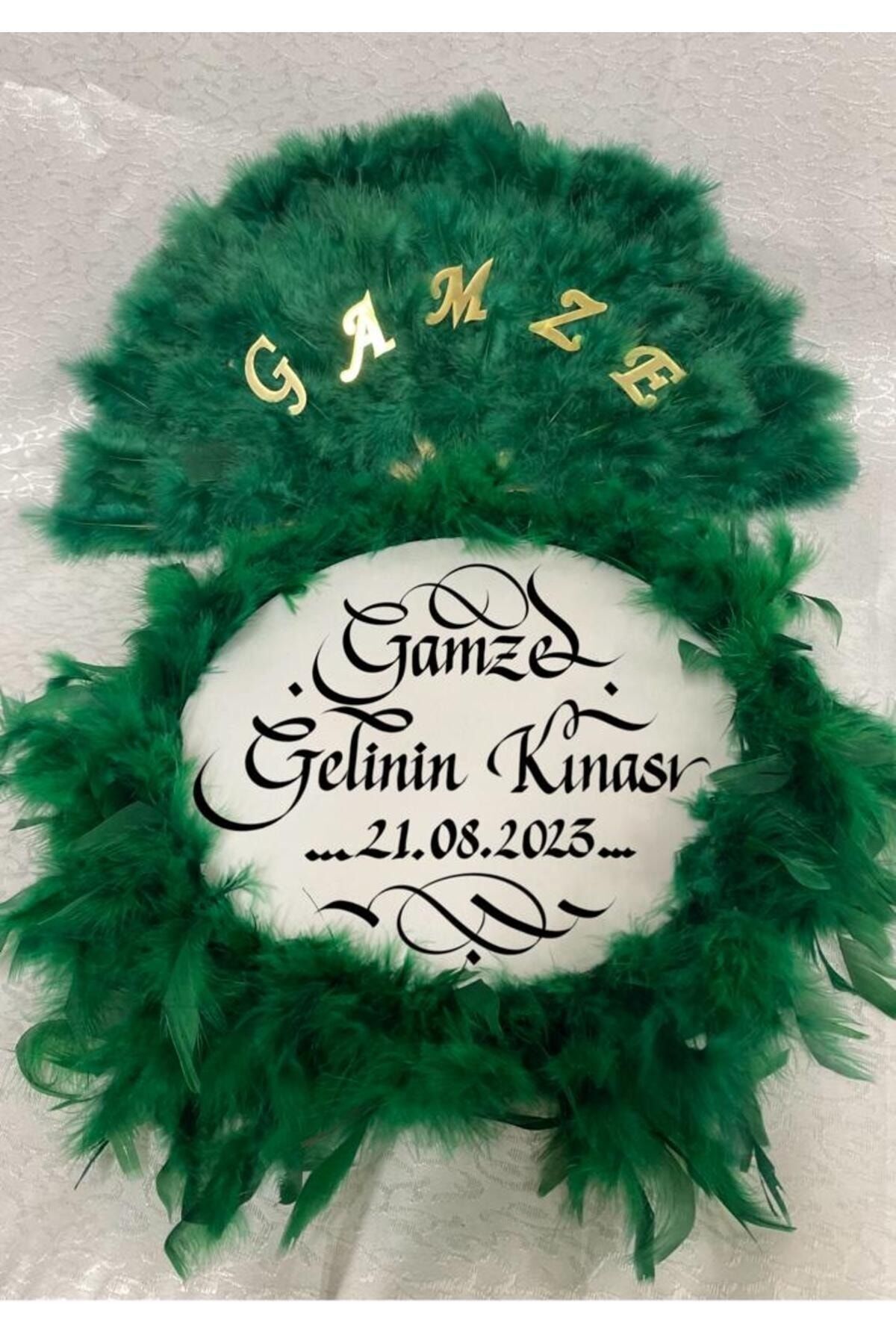 Isme Özel Kına Yelpazesi Ve Gelin Tefi Seti Otrişli Deri Tef Vurmalı Çalgı Def Yeşil