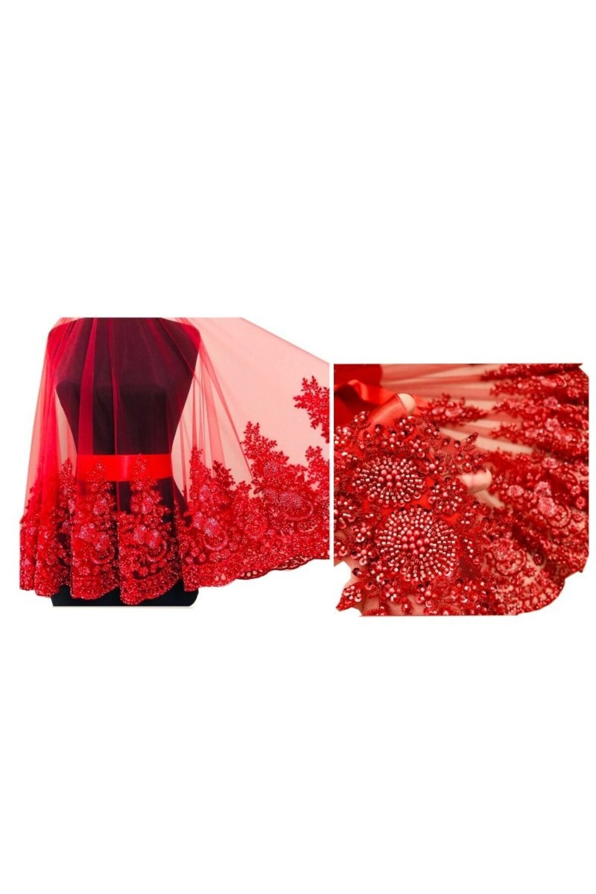 Gelin Duvağı Lüks İncili Boncuklu Duvak 3’lü Set Duvak Takım Lüx Duvak Kına Malzemeleri Kırmızı