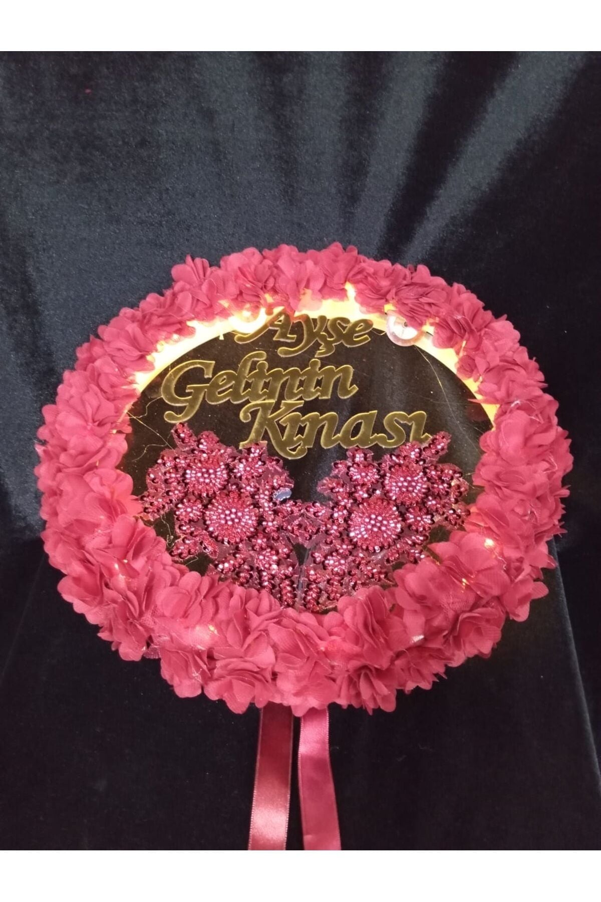Kişiye Özel Led Işıklı Şeffaf Tef, Aplike Süslü Lazer Güllü Deri Tef, Gelin Tefi, Kına Gecesi Tefi Bordo Gold