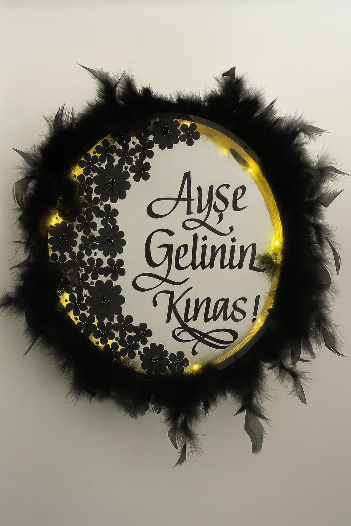 İsimli Ledli Gelin Tefi 3Boyut Taşlı Tüylü, Düğün Kına Nedime Bride Parti Defi Çalgılı Alet Zilli Siyah