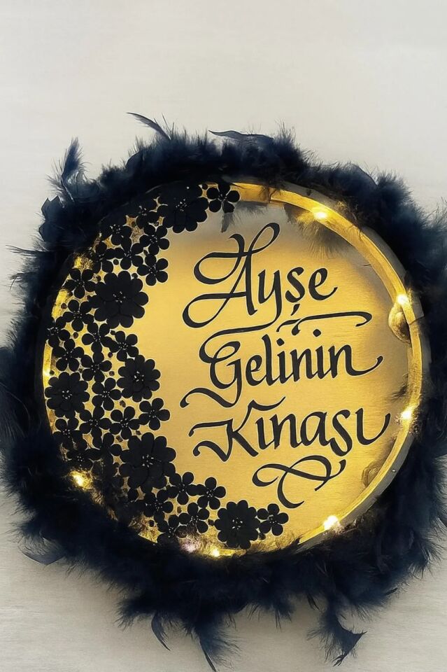 İsimli Ledli Gelin Tefi 3Boyut Taşlı Tüylü, Düğün Kına Nedime Bride Parti Defi Çalgılı Alet Zilli Lacivert