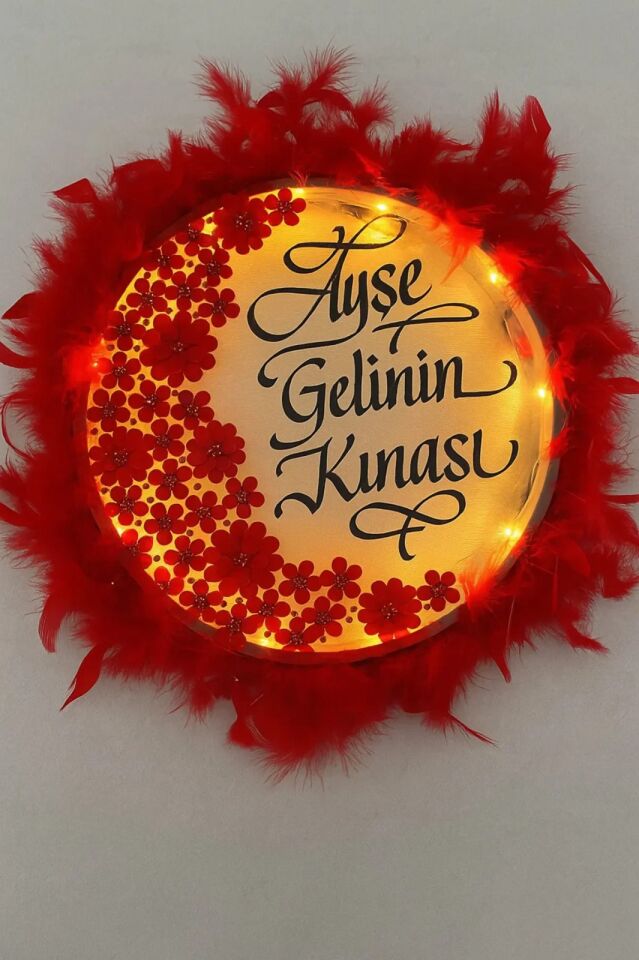İsimli Ledli Gelin Tefi 3Boyut Taşlı Tüylü, Düğün Kına Nedime Bride Parti Defi Çalgılı Alet Zilli Kırmızı
