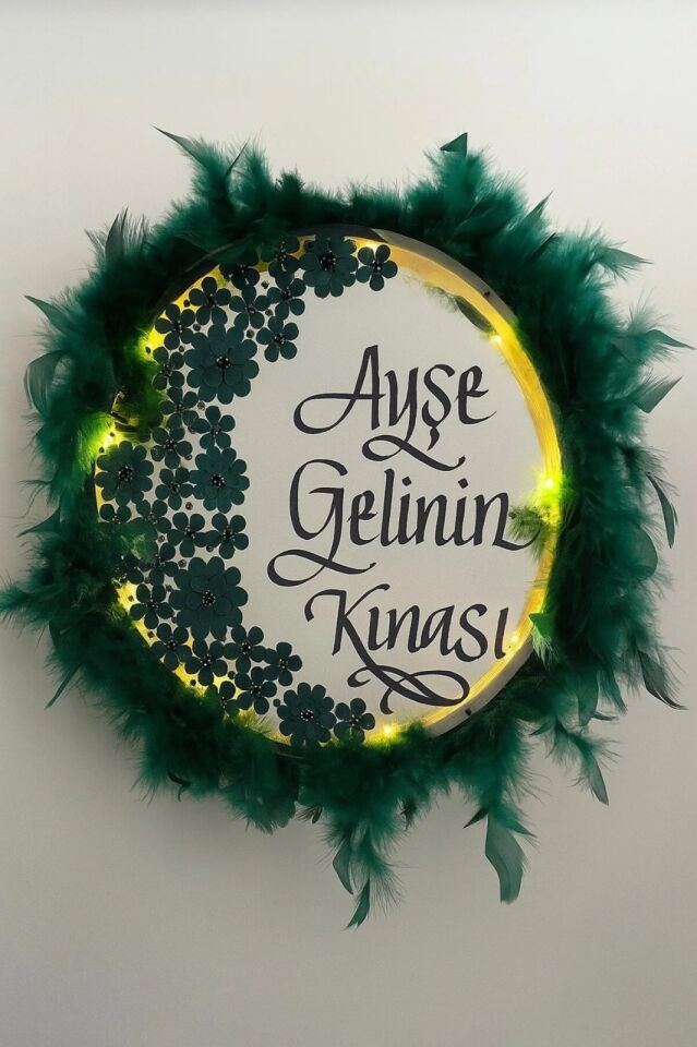 İsimli Ledli Gelin Tefi 3Boyut Taşlı Tüylü, Düğün Kına Nedime Bride Parti Defi Çalgılı Alet Zilli Zümrüt Yeşi̇li̇
