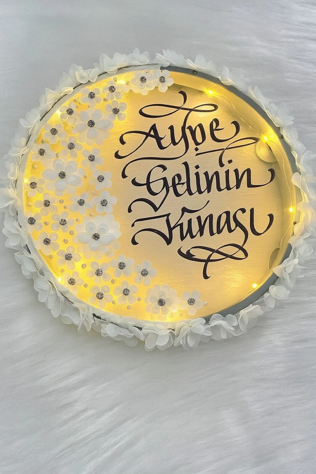 Ledli Şeffaf Gelin Tefi Çiçek Taş Düğün Kına Nedime Bride Parti Defi Vurmalı Çalgı Zilli Def İsimli Beyaz