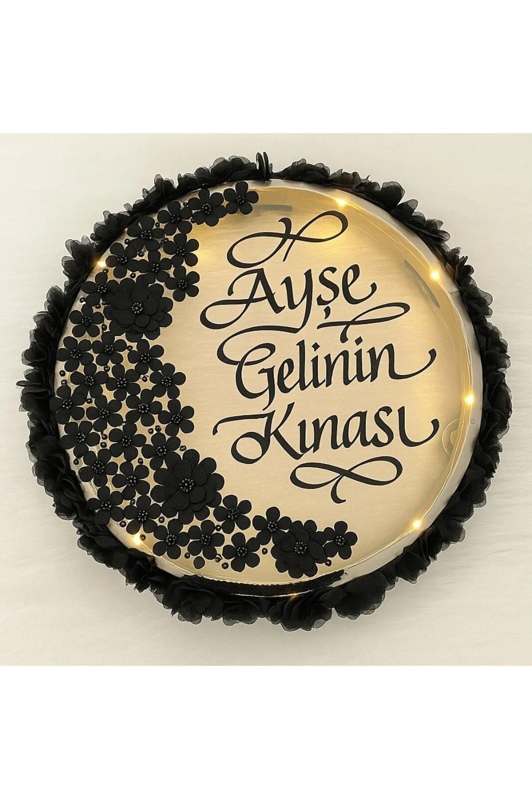 Ledli Şeffaf Gelin Tefi Çiçek Taş Düğün Kına Nedime Bride Parti Defi Vurmalı Çalgı Zilli Def İsimli Siyah