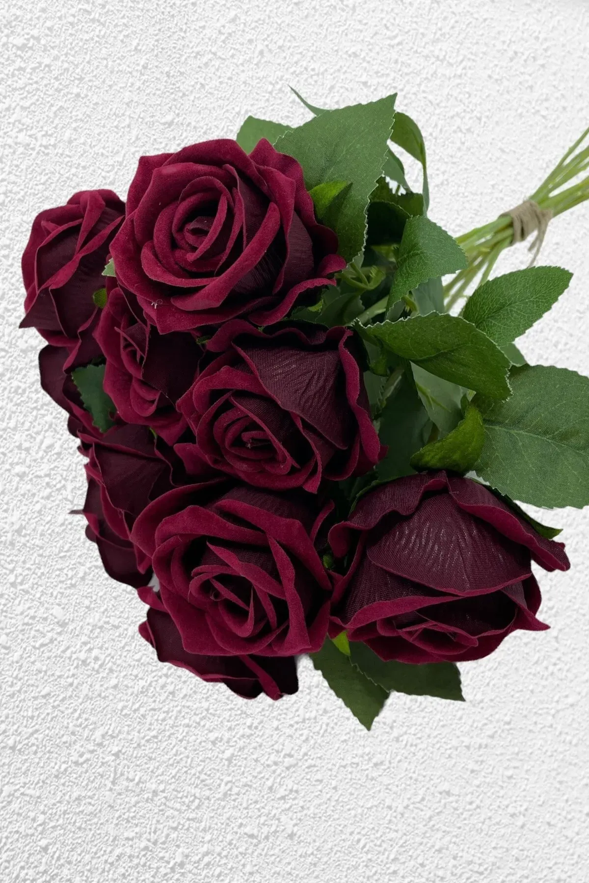 10'lu Gerçek Görünümlü Yapay Kadife Gül Demeti 50 cm Bordo