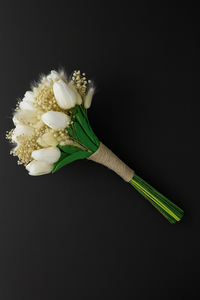 16 Laleli Gerçek Görünümlü Yapay Islak Lale Krem Cipslu Gelin Buketi Gelin Çiçeği Söz Nişan Düğün