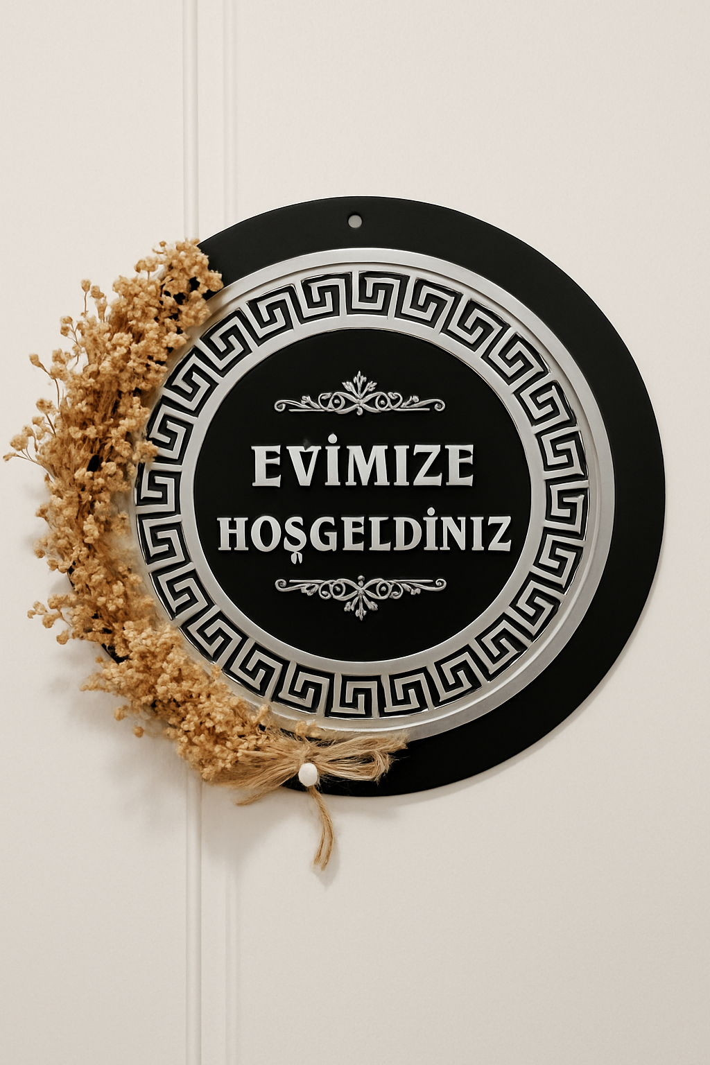 Pleksi Ahşap Kapı Süsü Hoşgeldiniz Yazılı Kapı Süsü 23 Cm Çapında Si̇yah Gümüş