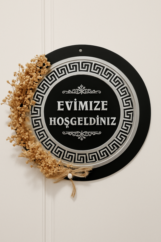 Pleksi Ahşap Kapı Süsü Hoşgeldiniz Yazılı Kapı Süsü 23 Cm Çapında Si̇yah Gümüş